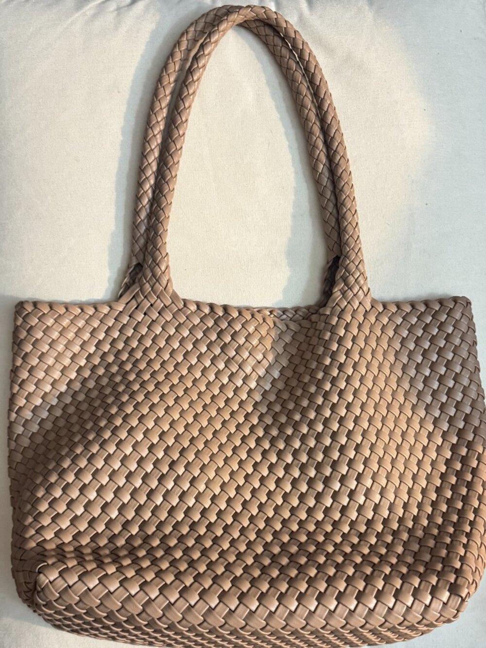 Like New, BOYATU Vegan Leather XL Woven Tote Bag with Clutch Insert, Beige